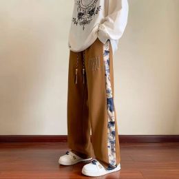 Autumn Winter Sports Fleece Thickened Guards Pants Embroidered Waist Drawstring Pockets Straight Casual Loose Wide Leg Trousers