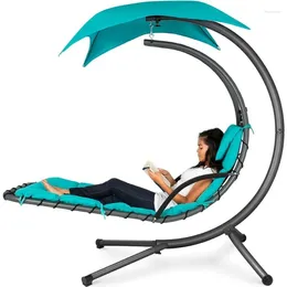 Camp Furniture Outdoor Hanging Curved Steel Chaise Lounge Chair Swing W/Built-in Pillow And Removable Canopy - Teal Garden Chairs Terrace