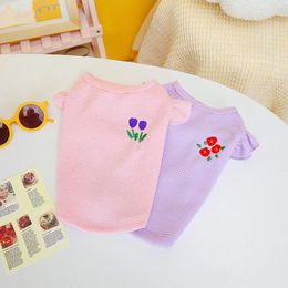 Dog Apparel Pet Waffle Sleeve Vest Tulip Embroidery Clothes Puppy Thin Summer Dress Teddy T-shirt Soft Jumper XS-XL