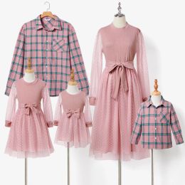 PatPat Valentine's Day Family Matching Pink Long Sleeve Plaid Shirts Tops and Belted Mesh Dresses Sets