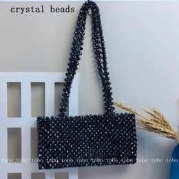 Shoulder Bags Crystal Black Beaded Woven Square For Women Vintage Stone Beads Handbags 2024 Designer Luxury Tote Bag