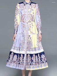 Casual Dresses Summer Luxury Print Maxi Dress For Women Fashion Temperament Lantern Sleeve Turn-down Collar Retro Clothing
