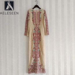 Casual Dresses AELESEEN Runway Fashion Spring Autum Women Lace Dress Full-Lenght Flower Embroidery Elegant Silm Long Splited Party