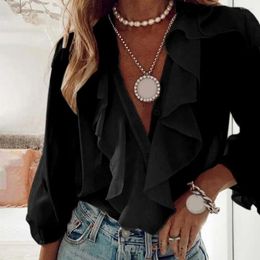 Women's Blouses Single Breasted Tops Chic Ruffle Collar V-neck Blouse With Puff Sleeves Letter Print Stylish Loose Fit For Streetwear
