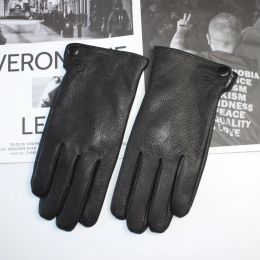 Men's Deerskin Gloves Corrugated Rabbit Fur Lining Warm Winter Velvet Lining Straight Wool Knit Leather Driving Gloves