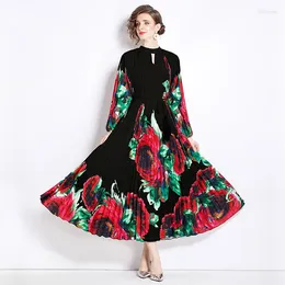 Casual Dresses Elegant O-neck Women Floral Sweater Dress 2024 Female A-line Soft Mid-Calf Slim Fit