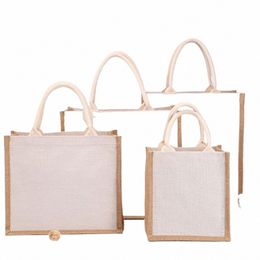 burlap Jute Tote Shop Bag for Women's Vintage Reusable Grocery Bag Large Capacity Canvas Handbag Ctrast Colour Handmade Bag y6ce#