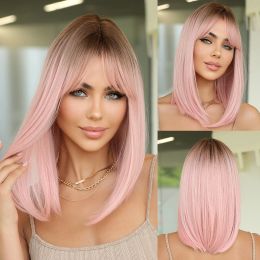 Wigs 14" Soft Straight Pink Wig With Dark Roots Synthetic Wigs With Bangs Female Bob Wigs For Women Daily Party Cosplay Use