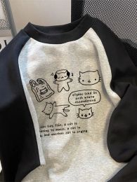 Kawaii Star Cat Print Hoodies Spring Y2k Aesthetic Patchwork Women Grunge Tops Japanese Sweet Contrast Colour Loose Sweatshirts