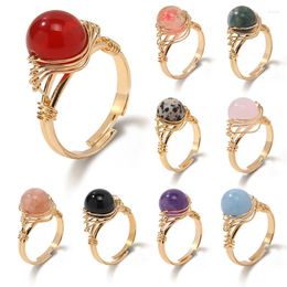 Cluster Rings Fashion Round Bead Ring Natural Agates Stone Beaded Gold Color Female Adjustable Finger For Women Girls Jewelry Gift