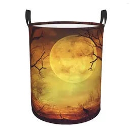 Laundry Bags Folding Basket Spooky Forest And Wooden Table Round Storage Bin Large Hamper Collapsible Clothes Toy Bucket Organiser