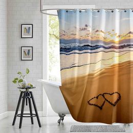 Shower Curtains Love Heart Beach Curtain Valentines Day Hearts Sand Printed Polyester Fabric Waterproof Bathroom With Hooks