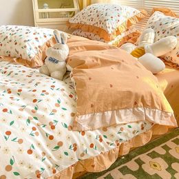 Bedding Sets Four-Piece Floral PrintingDyeing Pure Cotton Household Quilt Cover Bed Sheet Three-Piece Set 1.8M Flounce Pastoral Style