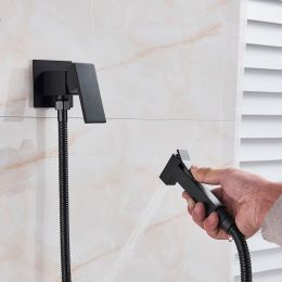Shinesia Matte Black Brass Shower Tap Bidet Faucet Washer Mixer Muslim Shower Cold and Hot Water Mixer Crane Square Shower Spray