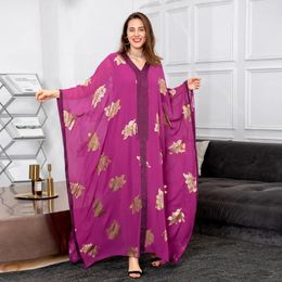 Ethnic Clothing Gold Stamping Batwing Sleeve Abaya Dress For Women Ribbon V Neck Robe Europe And America Middle East Dubai Clothes 2024