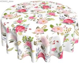 Table Cloth Summer Round Tablecloth 60 Inch Watercolor Floral Roses Pattern Table Cloth Washable Tablecloth Waterproof and Stain-Proof Y240401