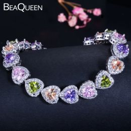Bracelets BeaQueen Charming Love Heart Cut Ladies Multicoloured CZ Zirconia Tennis Bracelets Colourful Wedding Jewellery Accessories B045