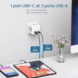 LENCENT FR Multi Socket Cube Power Adapter with 3 USB Ports +3 AC Outlets +1 Type C 7 in 1 Wall Socket On/Off Switch for Home