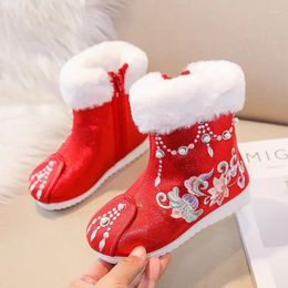 Boots 2024 Girls Snow Embroidery Pearls Elegant Chinese Style Children Fashion Short Platform Casual Shoes Cotton Cute