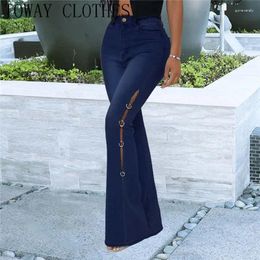 Women's Jeans Women Zipper Contrast Lace O-Ring Decor High Waist Flared Leg Casual Denim Long Pants