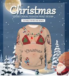 Women's Hoodies 2024 Christmas Funny Digital Print Alpaca Pullover Round Neck Couple Sweater Casual Fun