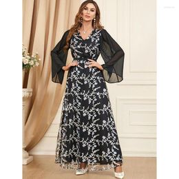 Casual Dresses Women Clothing Flare Sleeve V Neck Black Chiffon Embroidery Muslim Abaya Dubai Islam Long Maxi Dress