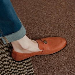 Casual Shoes Round Toe Orange Flats Low Heel Daily Fot Women Real Leather Simple Slip On Spring Autumn Ladies Loafers