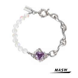 Bracelets MASW Original Design Glass Beads Bracelet For Women Hot Sale Silver Plated Chain Heart Purple Zircon Bracelet Fashon Jewelry