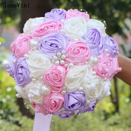 JaneVini Charming Korean Pink Purple Wedding Flowers Bridal Bouquets with Pearls Artificial Satin Roses Bouquet Bride Decoration