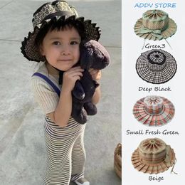 Summer Parent-child Folding Straw Hat Childrens Handmade Plaid Geometric Pattern Straw Sun Hat Bow Knot Wide Eaves Flat Top Hat 240325