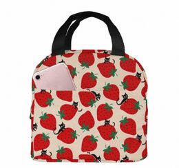 black Cat On Red Strawberry Lunch Bag For Women Girls Kids Insulated Picnic Pouch Thermal Bento Prep Cute Bag Lunch Box Cam E9tQ#