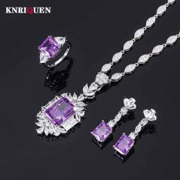 Sets 100% Sier Wedding Jewelry Sets for Women Charms Amethyst Gemstone Lab Diamond Rings Pendant Necklace Anniversary Fine Gift