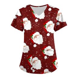 Christmas V-neck Pocket Nursing Scrubs T-shirt Scrubs Uniforms Women Clothing Plus Size Tops Short Sleeve Santa Claus Tops Xmas