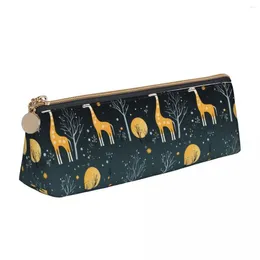 School Bags Giraffe Triangle Pencil Case Music Moon Flower Large Zipper Box Boy Girl Retro Leather Pen Organiser