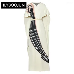 Party Dresses Maxi Dress Women V-Neck Cloak Sleeves Belt Print Elegant Floor-Length For 2024 High Quality