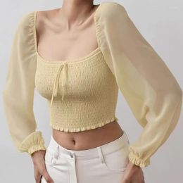 Women's Blouses 2024 Women French Vintage Sexy Yellow Crop Blouse Elegant Square Neck Long Sleeve Female Spring Summer Elastic Tops