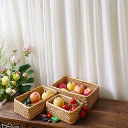 Rectangular Rattan Storage Basket Handmade Round Cosmetic Storage Box Hand-woven Rattan Wicker Basket Fruit Snack Bread Basket