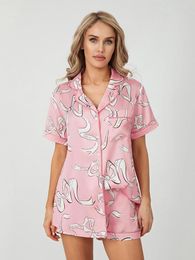 Home Clothing Womens Summer Satin Loungewear Set Cartoon Bow Print Short Sleeve Notched Lapel Tops With Elastic Waist Shorts