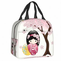 japanese Spring Kokeshi Doll Lunch Boxes for Women Waterproof Geisha Cooler Thermal Food Insulated Lunch Bag Office Work 50HU#