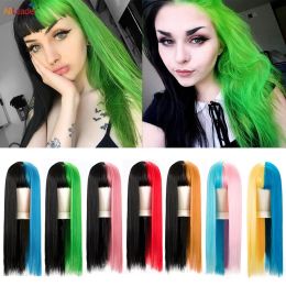 Wigs Green And Black Lolita Cosplay Wig Straight Wigs With Bangs Synthetic Heat Resistant Two Tone Wigs Black & Pink Split Color Wig