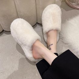 Slippers 2024 Autumn And Winter Thick-soled Furry Toe-cap For Women Plush Solid Colour Indoor Home Cotton