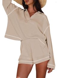 Home Clothing Womens 2 Piece Lounge Set Waffle Knit Long Sleeve V Neck Top And High Waist Shorts Matching Pajamas Sweatsuit Tracksuit