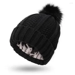 Berets Hat For Women Winter Silk Satin Lined Beanies Cap Y2k Fur Ball Pompom Knitted Caps Men Female Unisex Crochet Bonnet