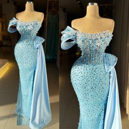 2024 Prom Dresses for Black Women Blue Evening Dresses Elegant One Shoulder Illusion Sequined Lace Mermaid Birthday Dress Second Reception Gowns for Occasion AM608