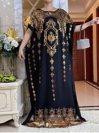 Ethnic Clothing 2024 Muslim Summer Short Sleeve Cotton Robe Gold Stamping Boubou Maxi Women Femme Loose Dress With Big Scarf African Abaya