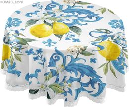 Table Cloth Sicilian Style White Flowers of Lemon Tablecloth Round 60 Waterproof Table Cover for Outdoor Wedding Party Dining Room Decor Y240401