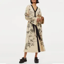 Casual Dresses Flare Long Sleeve Dresss Women Elastic Waist Vintage Floral Print 2024 Autumn Robe Side Split Boho Loose Dress