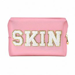 chenille Letter Preppy Patch Makeup Bag Cosmetic Pouch Waterproof Zipper Skincare Toiletry Travel Organizer for Women Teen Girls 11pw#