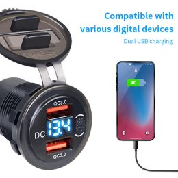 Dual QC3.0 Car Charger Cigarette Lighter Socket Waterproof USB Fast Charge With Voltmeter Switch 12/24V Quick Charge Adapter