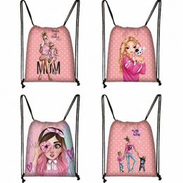 pretty Girls / Super Mom Pattern Drawstring Bag Fi Girls Canvas Softback Backpack Women Travel Bag Female Storage Bag O82e#